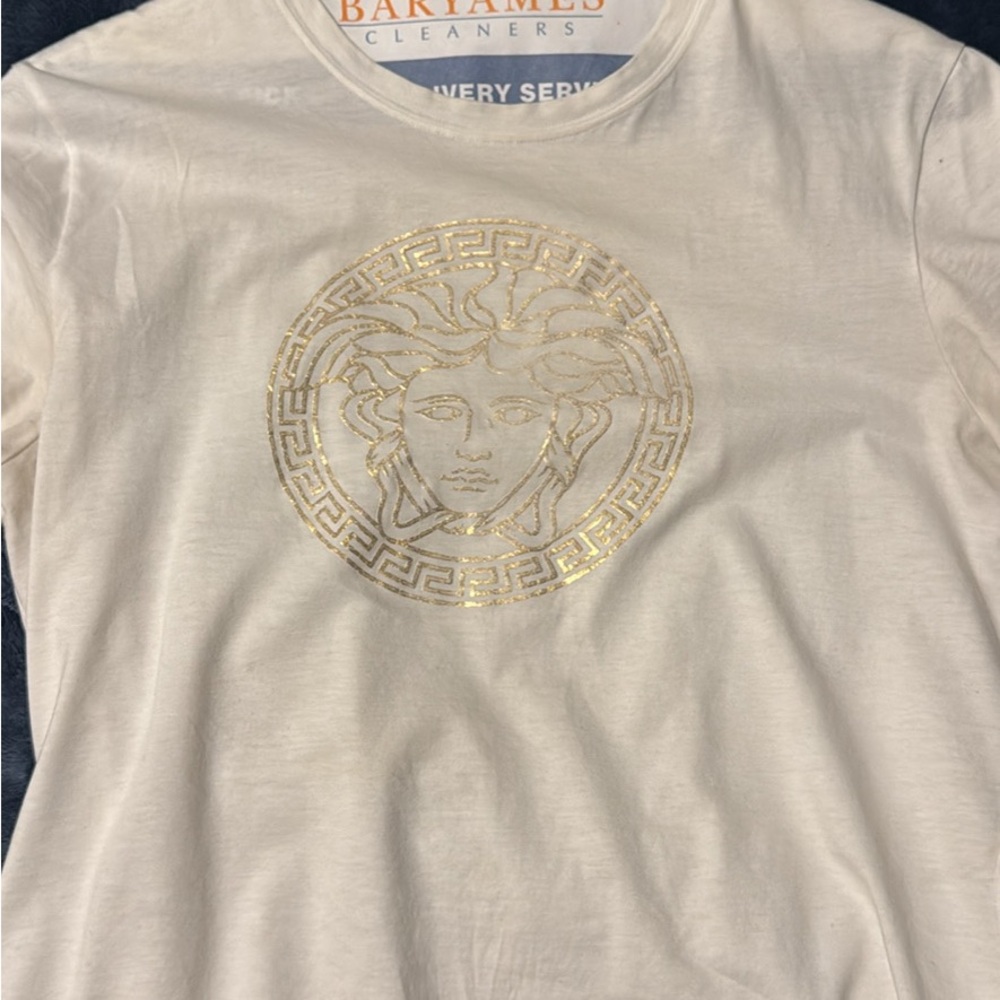 Versace Cream Short Sleeve Tee with Intricate Gold Emblem